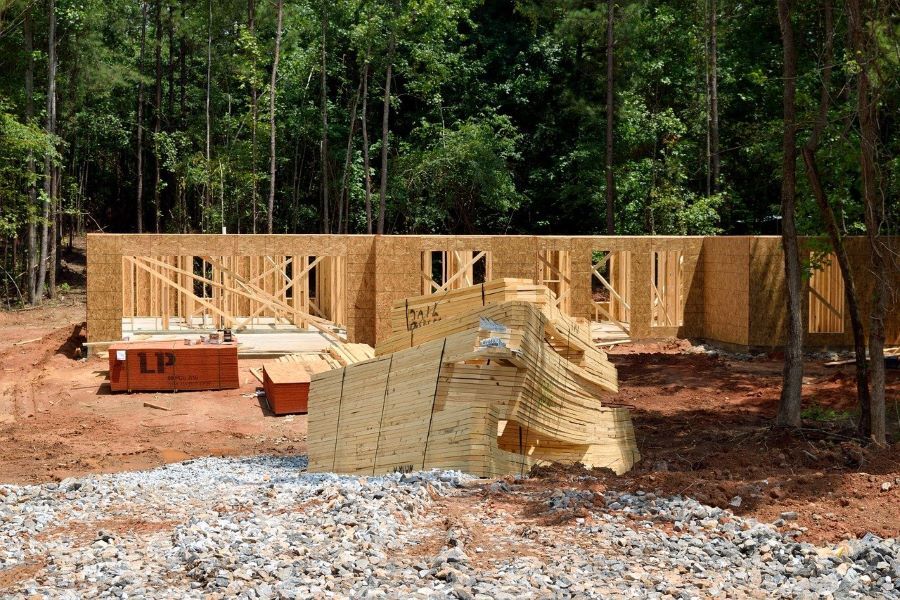 A timber-framed house under construction