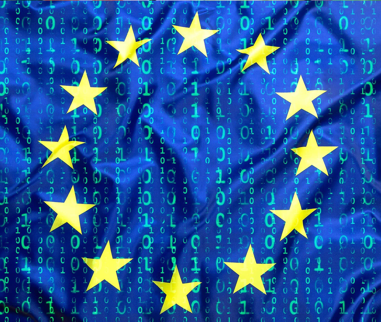 EU Flag with binary 0s and 1s streaming down it