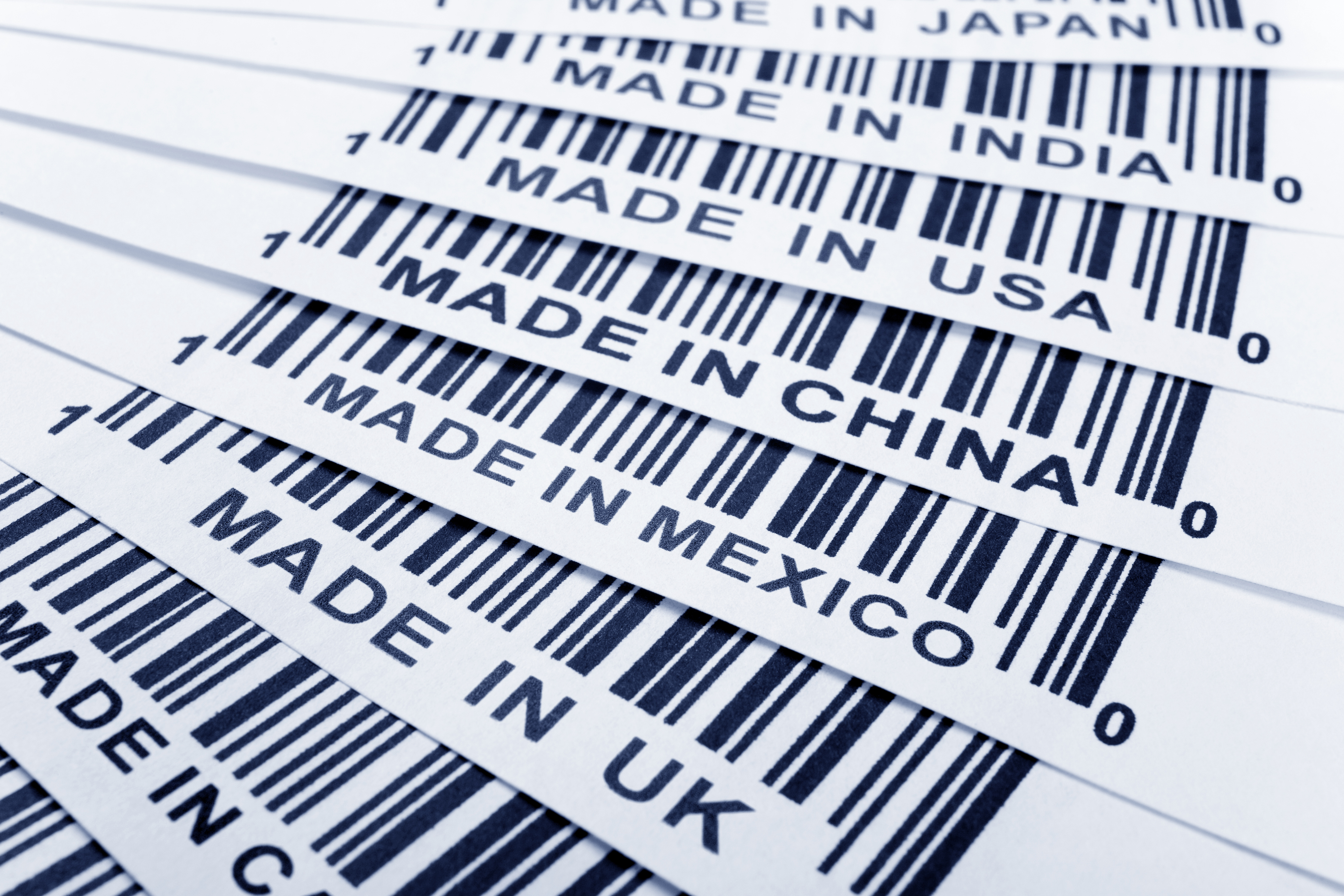 Barcode labels. Each label displays the place of manufacturer for example 'Made in UK', 'Made in Mexico', 'Made in China'.