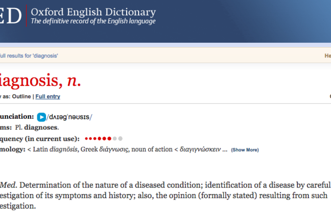 A screenshot of the OED open on 'diagnosis'