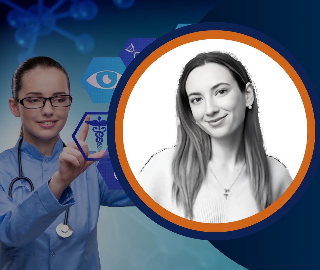 A female doctor wearing glasses and a stethoscope interacts with virtual medical icons. Next to her is a circular photo of the course instructor, a smiling woman with long hair, framed in blue and orange.