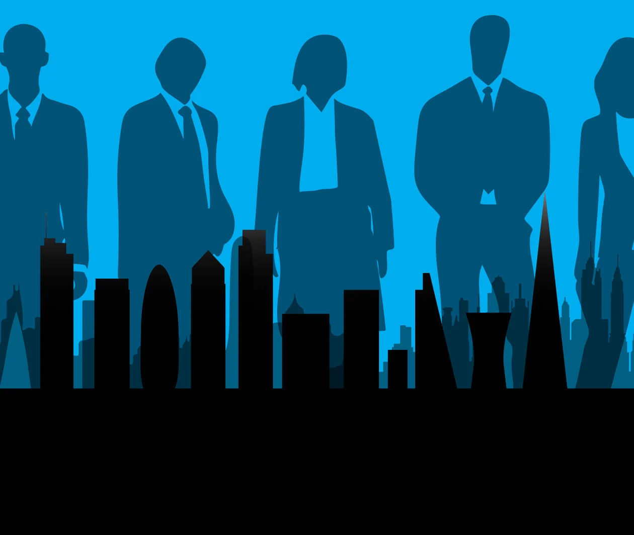 An illustration showing managers and leaders towering above a city skyline.