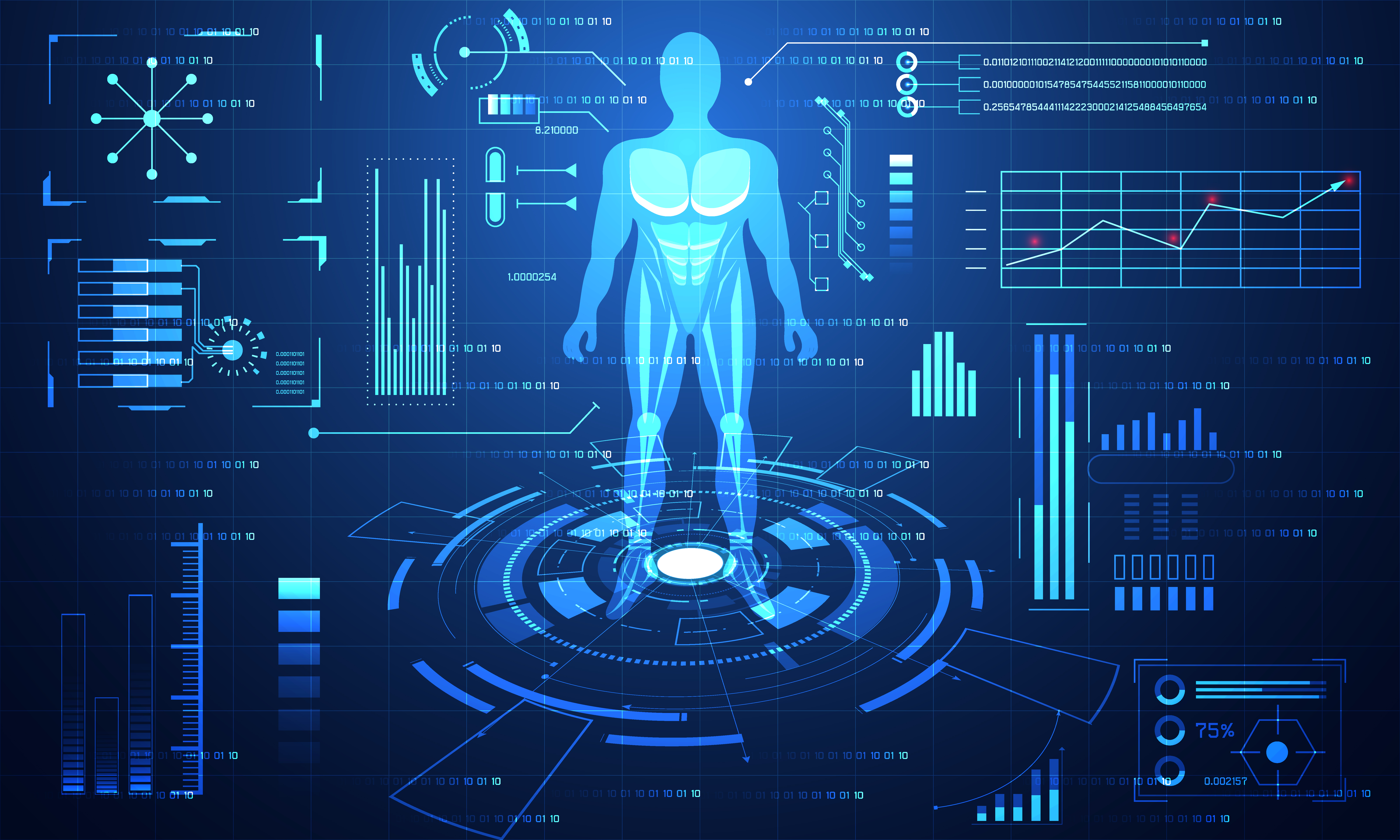 Digital image of a human surrounded by digital data charts