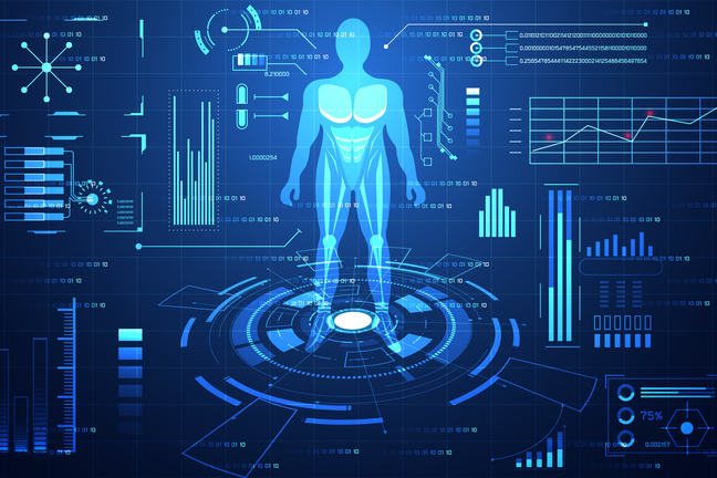 Digital image of a human surrounded by digital data charts