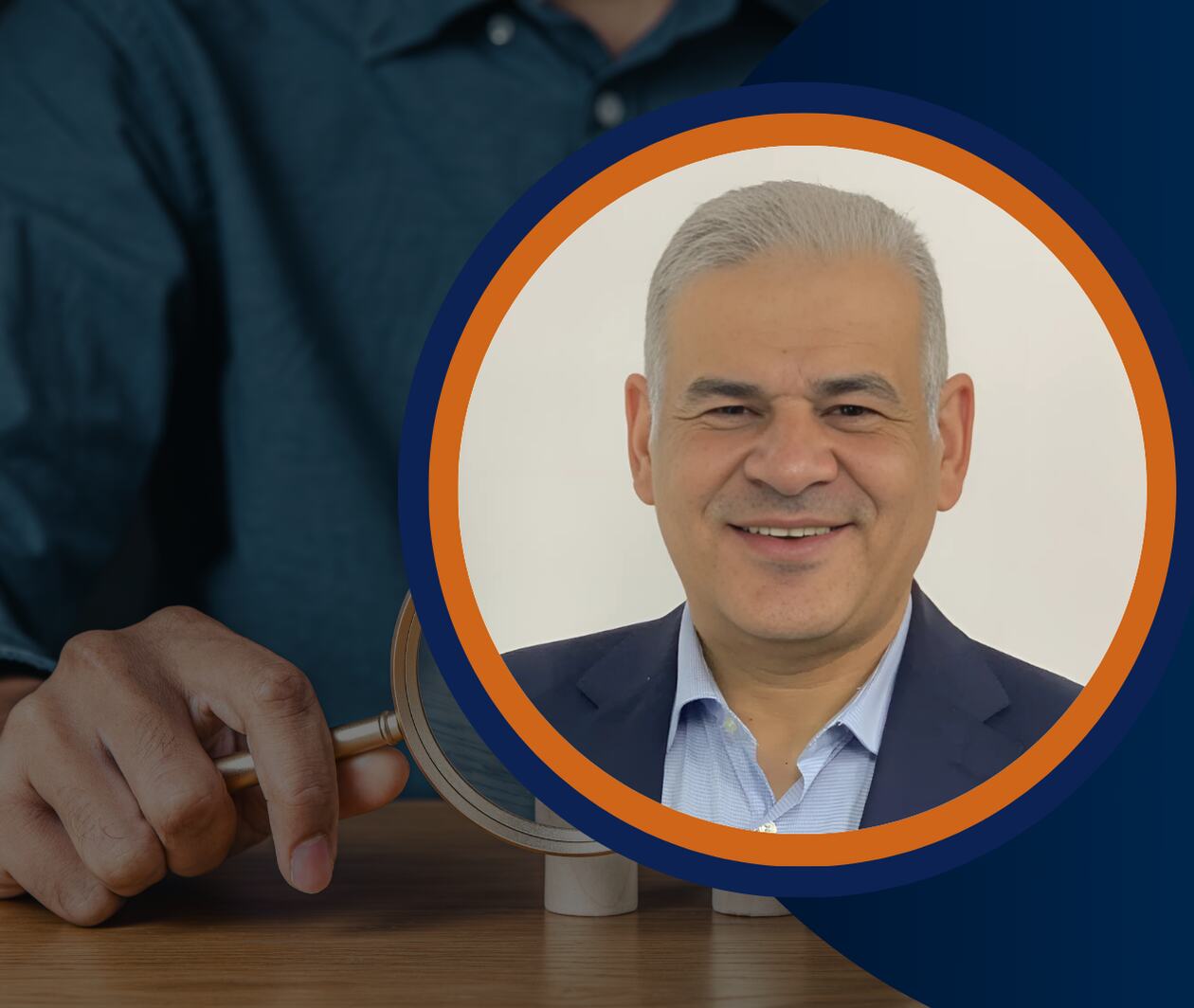 Smiling business professional in a circular frame with a magnifying glass in the background, representing AI for strategic HR operations and compliance.