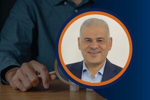 Smiling business professional in a circular frame with a magnifying glass in the background, representing AI for strategic HR operations and compliance.