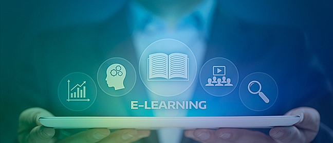 E-learning symbols coming out of a tablet