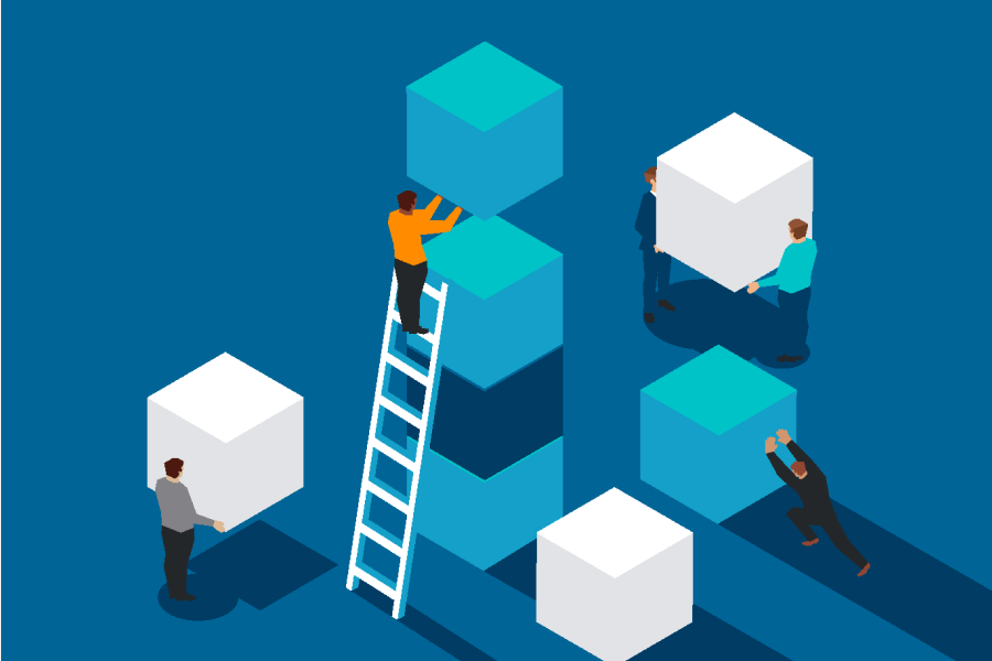 An illustration. A group of people working on the foundations of a  project represented here by a series of blocks being stacked together to create a structure.