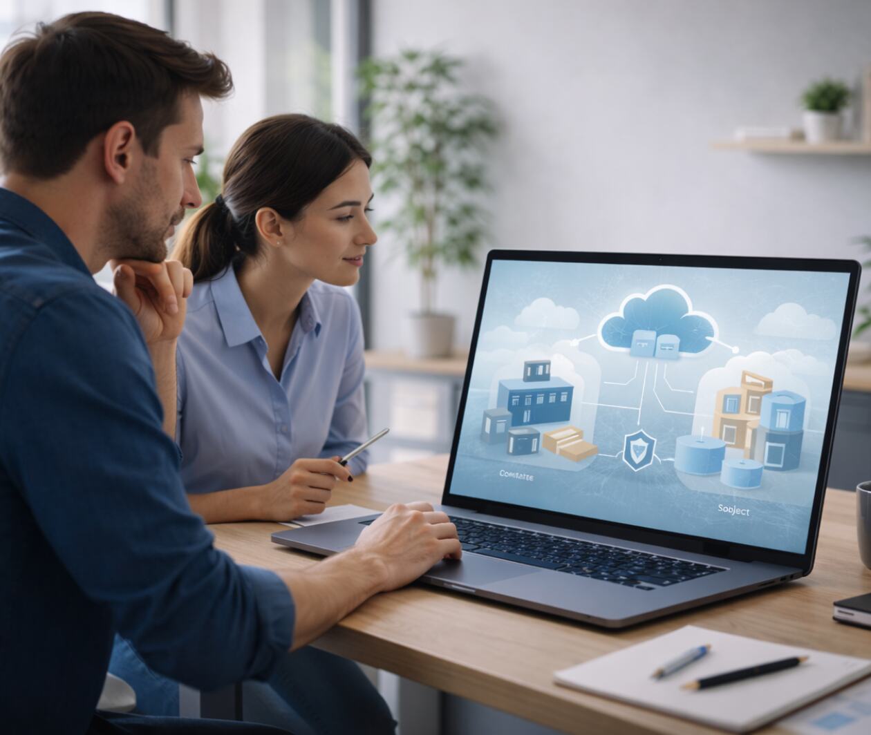 Two people sat at a laptop looking at a screen together