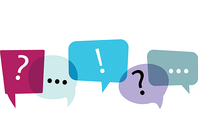Speech bubbles containing question marks and exclamation points.