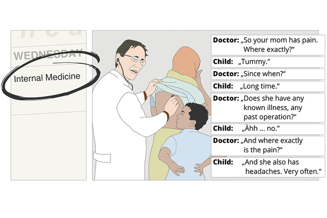 Illustration of doctor examining female patients back. Child watching, functioning as translator between doctor and mother.