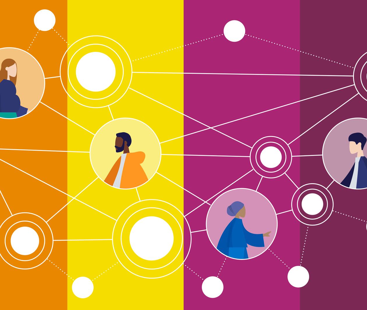 Illustrated people interconnected by small circles on a brightly coloured background