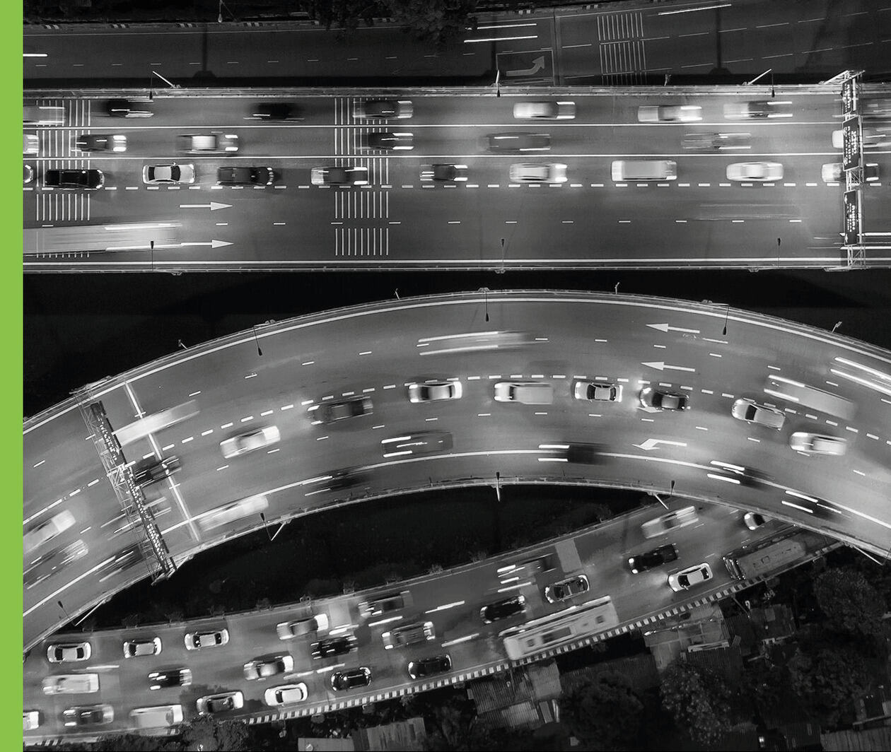 Aerial view of a curved intersection on a highway.