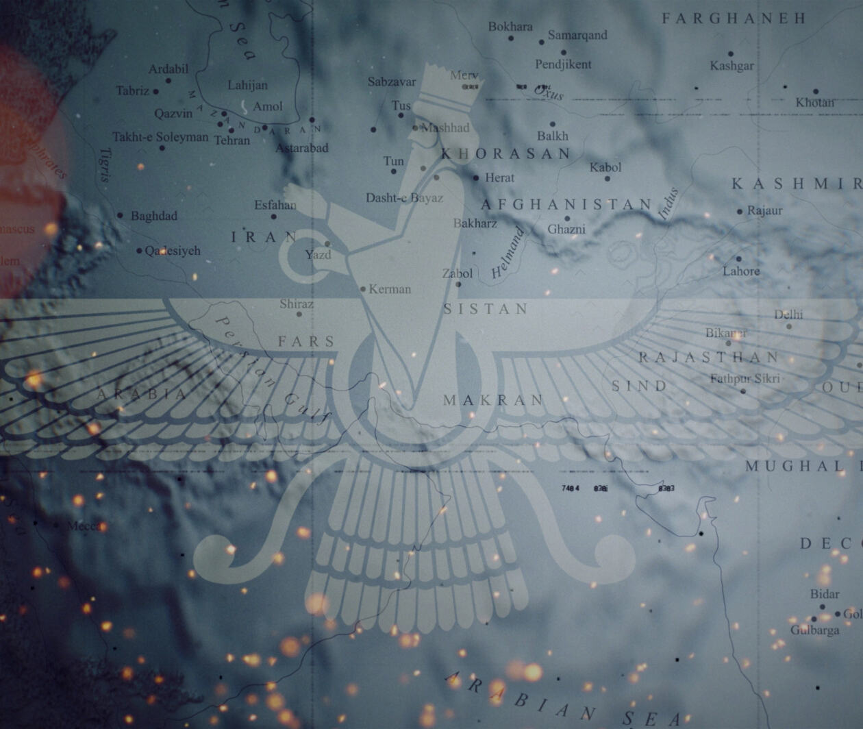 Image of the Zoroastrian fravohar against the background of a map of the ancient Persianate world