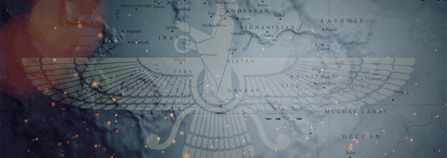 Image of the Zoroastrian fravohar against the background of a map of the ancient Persianate world