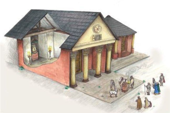 Drawn visualisation of a Roman temple.