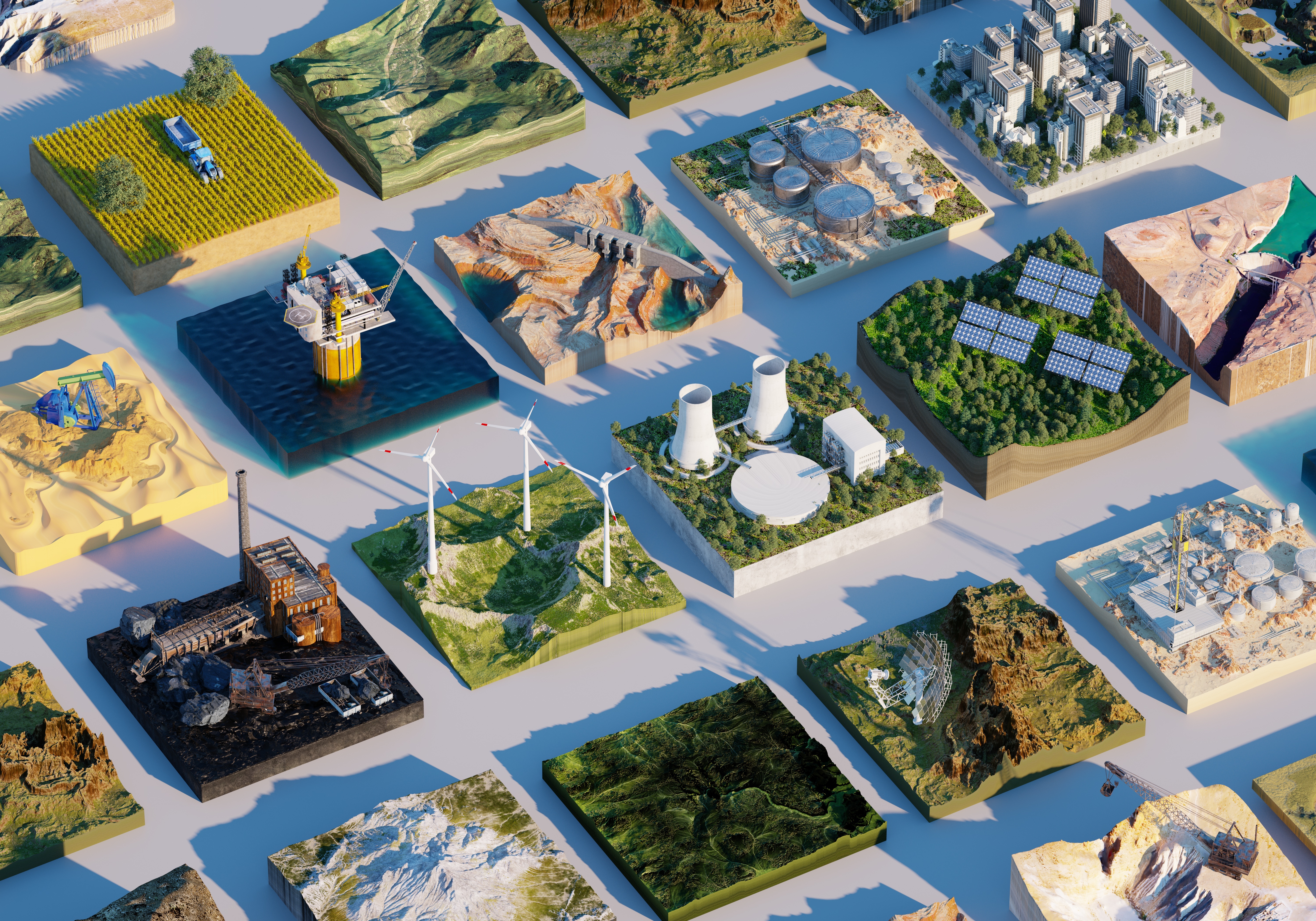 Digital generated image of multiple environmental rectangular cross sections with different types of energy supply.