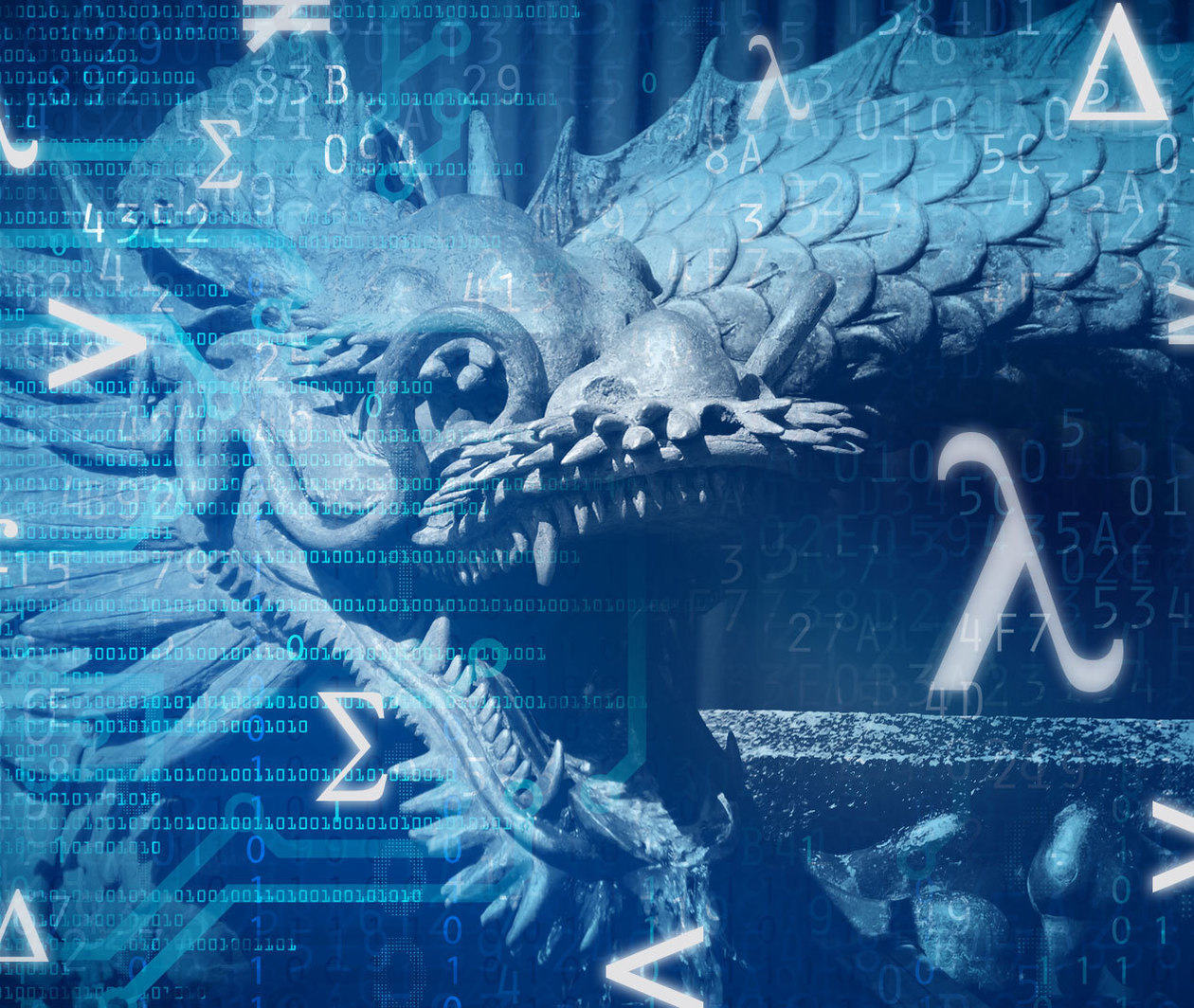 The ryu or Japanese dragon is a symbol of generosity, wisdom and strength. The saying "Here be dragons" refers to unexplored territories, such as functional programming languages.