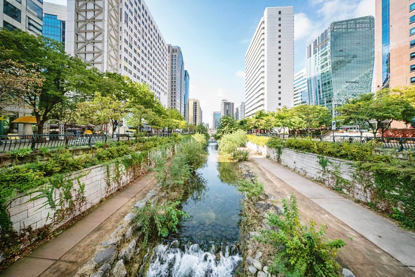 City with a small canal and a lot of green