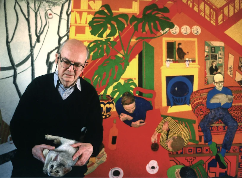 Photograph of William Utermohlen, holding a cat, in front of one of his large painting entitled 'Snow' (1990-91)