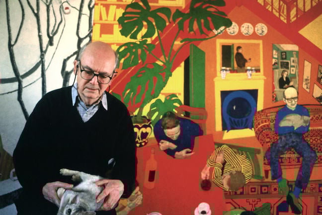 Photograph of William Utermohlen, holding a cat, in front of one of his large painting entitled 'Snow' (1990-91)