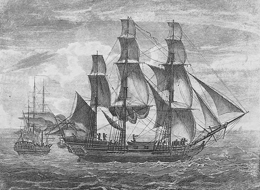 black and white drawing of a large old wooden sailing ship, full sails.