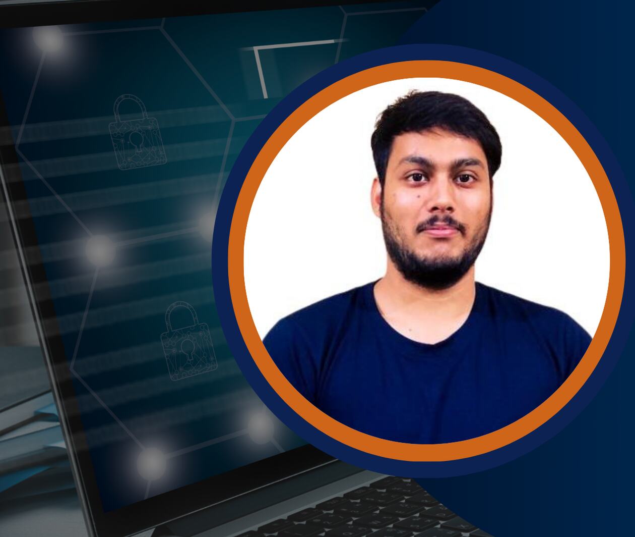The image shows his portrait in a circular frame over a background of a laptop with digital security lock icons, symbolizing cybersecurity, endpoint protection, threat detection, Zero Trust, and insider threat defense.