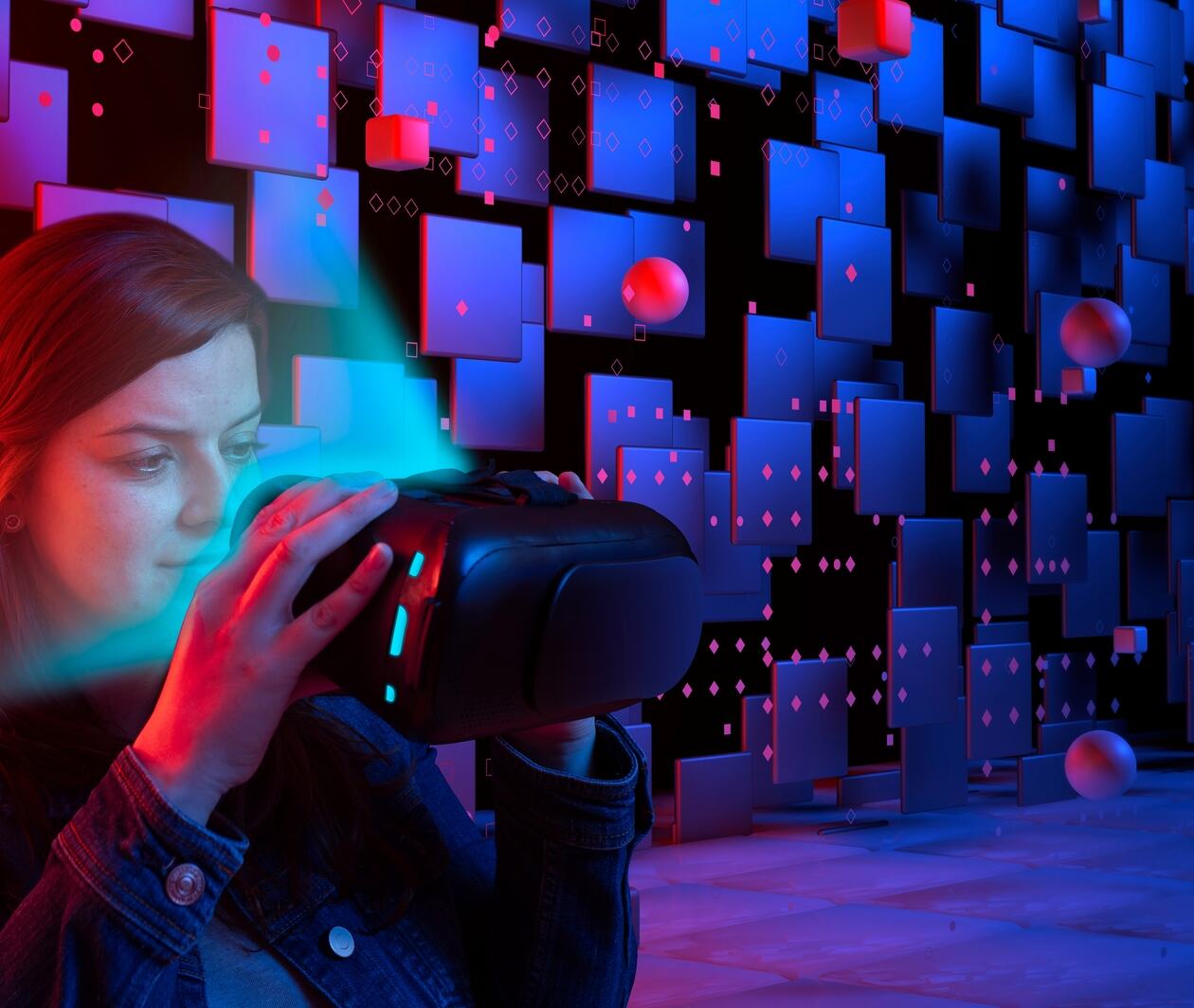 Woman looking into a VR headset against a futuristic backdrop of squares and floating circles.