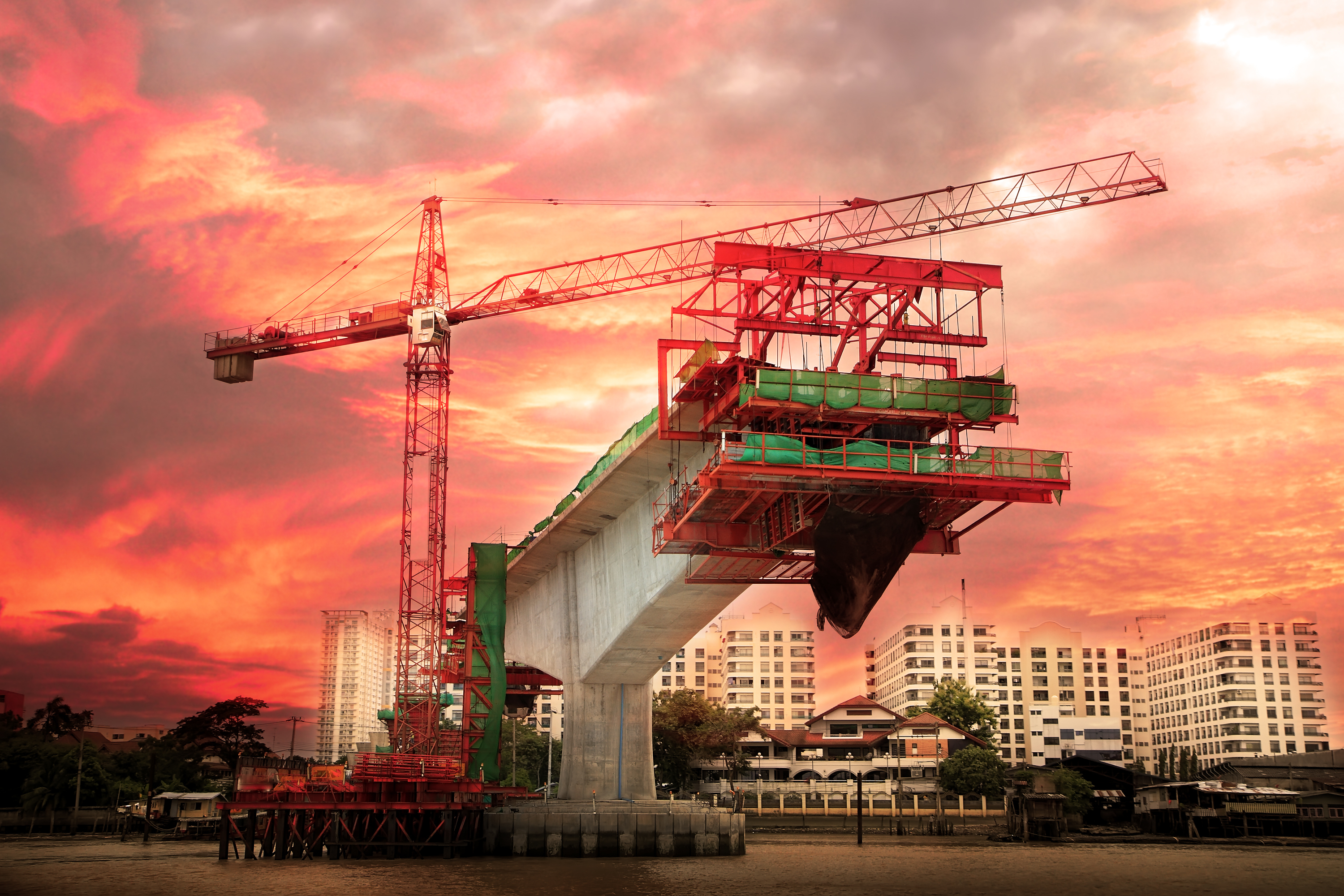 Bridge building in the sunset