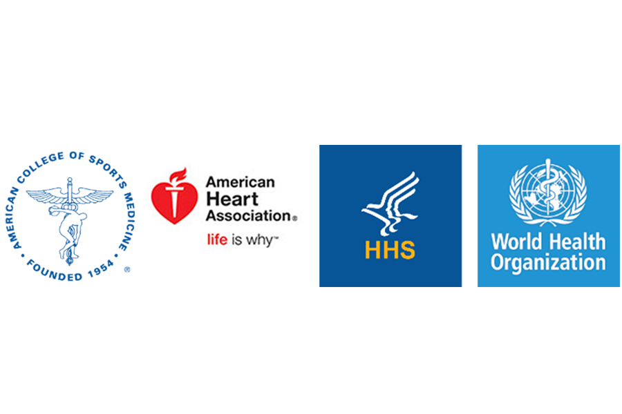 The logos of the American College of Sports Medicine, the American Heart Association, the HHS and the WHO.