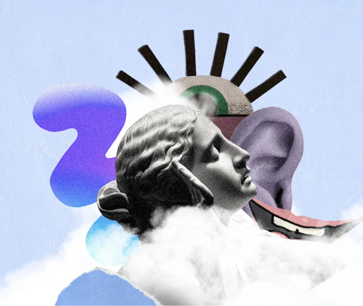 An illustration montage of a grey ancient greek statue with only the face, eye-closed, with the background of a coloured cut out of a ear, a mouth and an eye in a blue background, also some cloud effect in the front