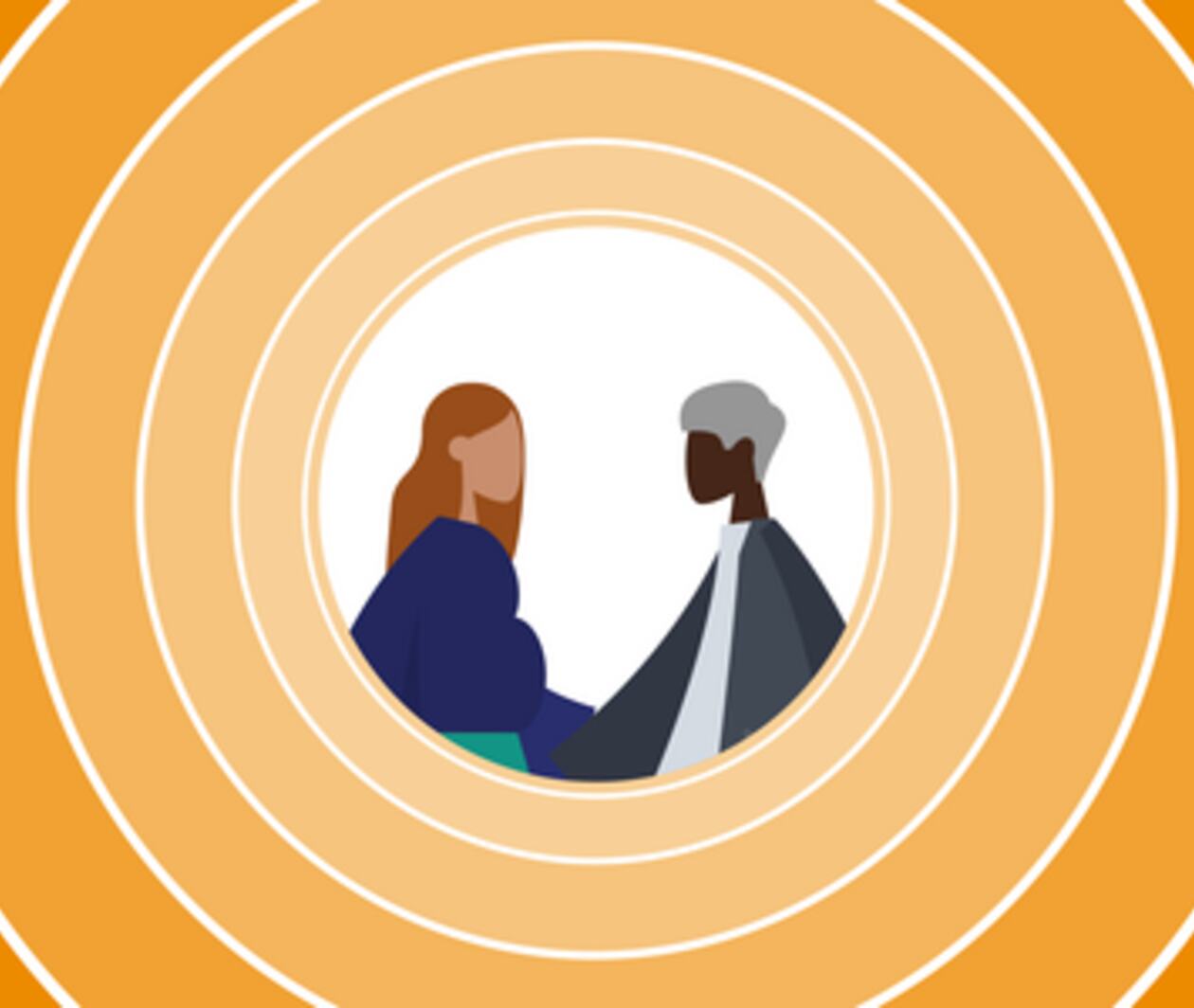 Graphic image of two healthcare professionals on against a background of concentric circles.