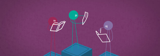 3 simple cartoon characters each standing on a column that are at different heights. The one on the left is reading a book, the middle character is reading a sheet of paper and the right one is writing in a book.  