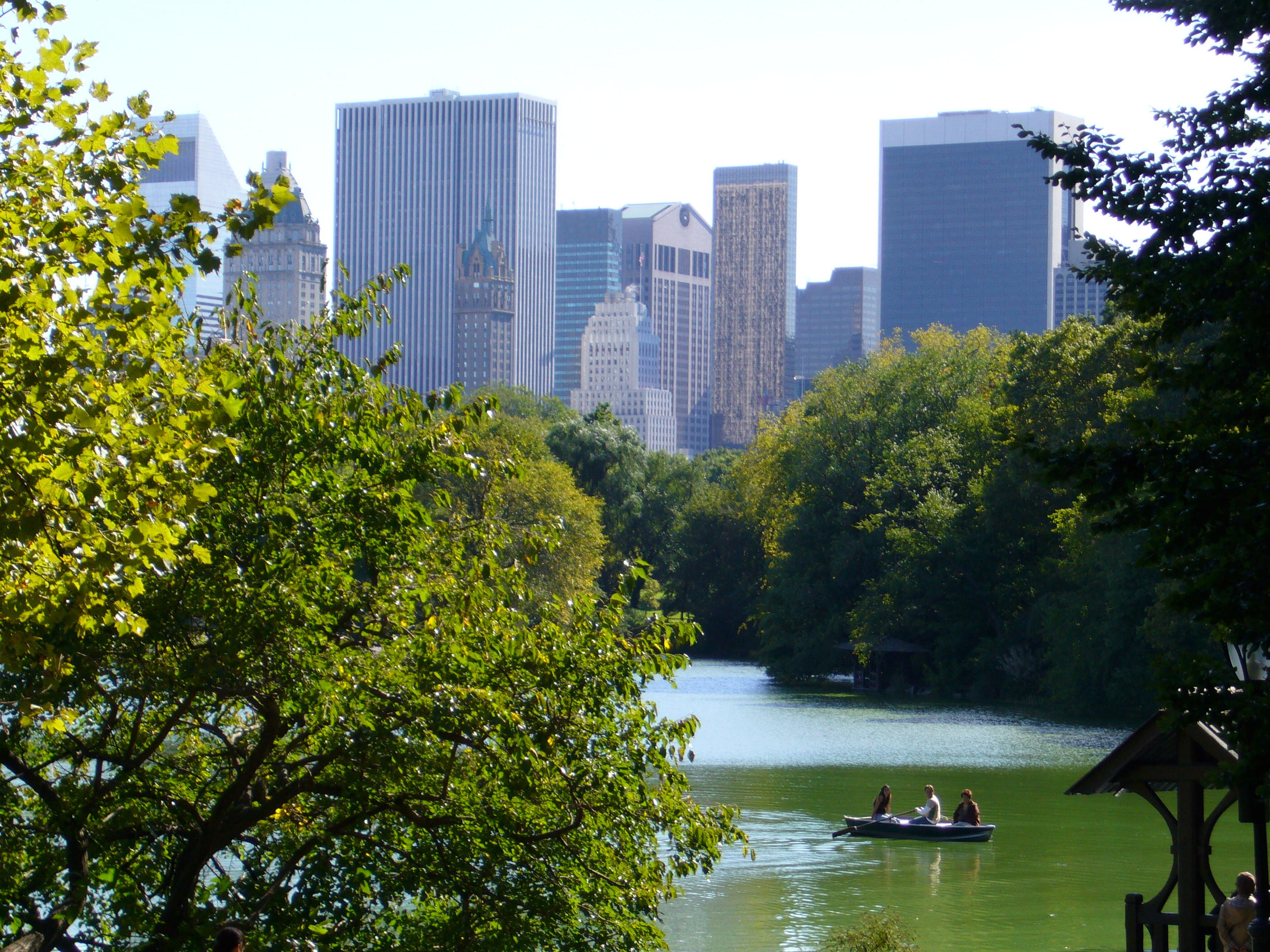 Lake in a park with buildings in the background