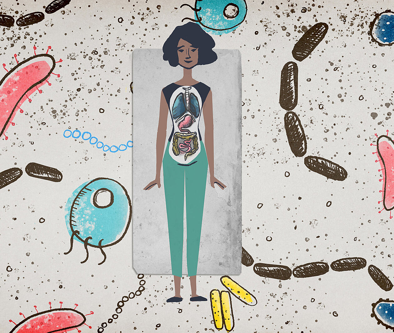 a drawing of a women with her internal organs drawn on top of her body, surrounded by drawings of microbes