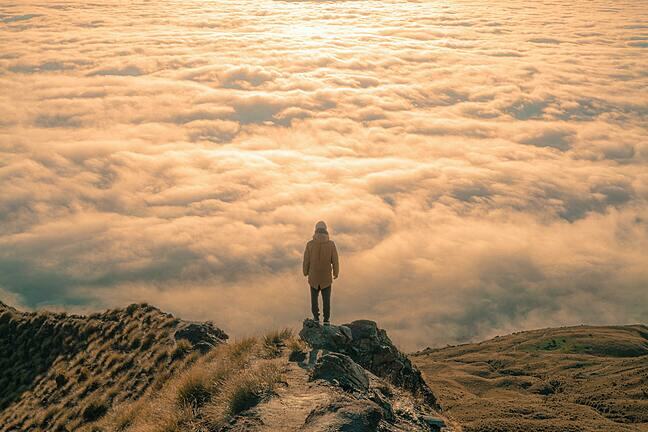 A person stands on the top of a mountain, with the clouds below them. They are clearly staring into the distance.