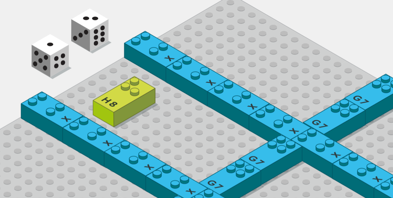 Drawing of the activity: 2 dice and base plate with car-parking lot made of bricks