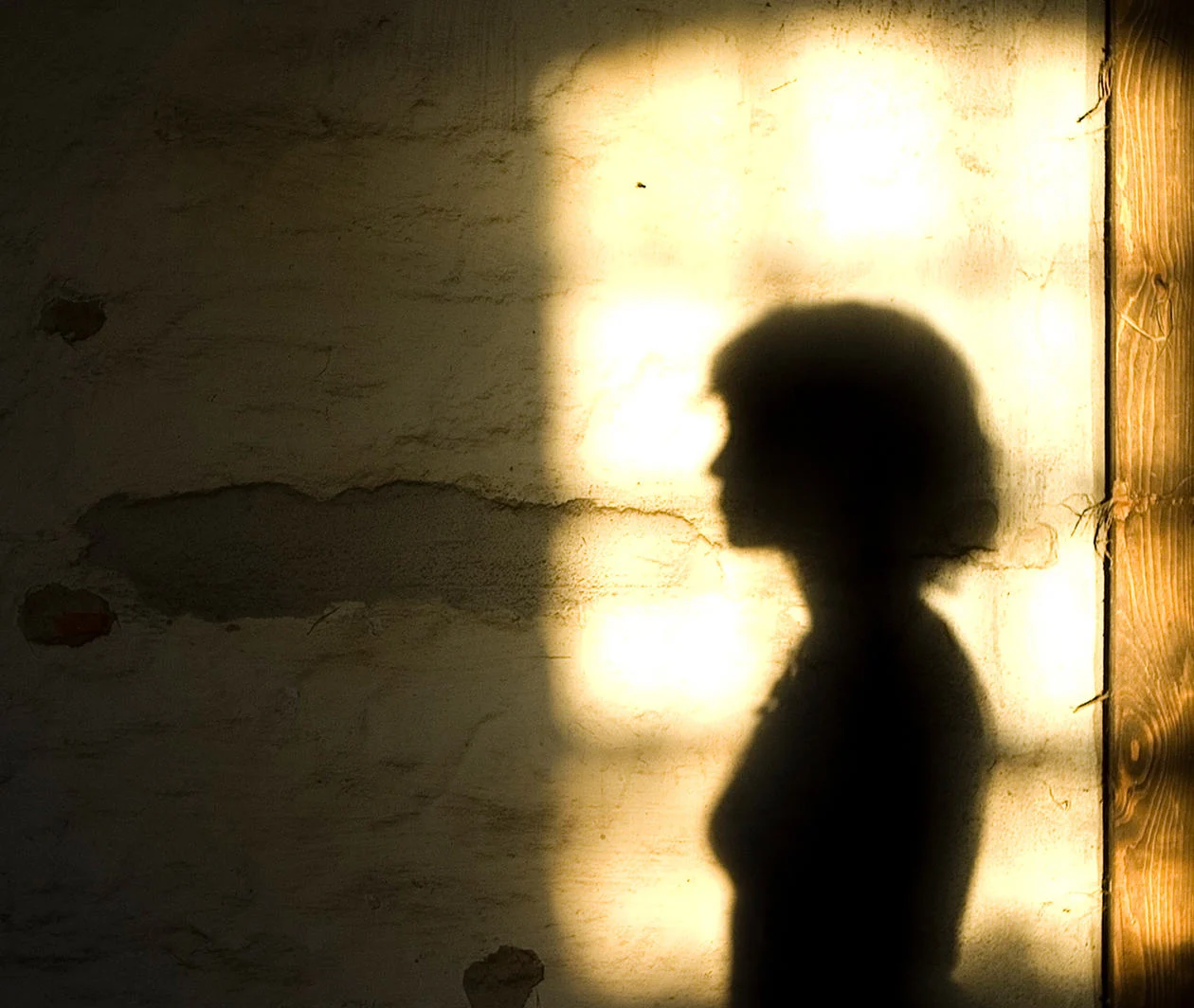 Shadow of a woman on a brightly lit section of wall