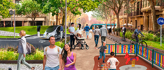 Visualisation of safe, leafy, urban space. Shows lots of people walking, children playing, a cycling lane, a tram and a charging point for an electric car.