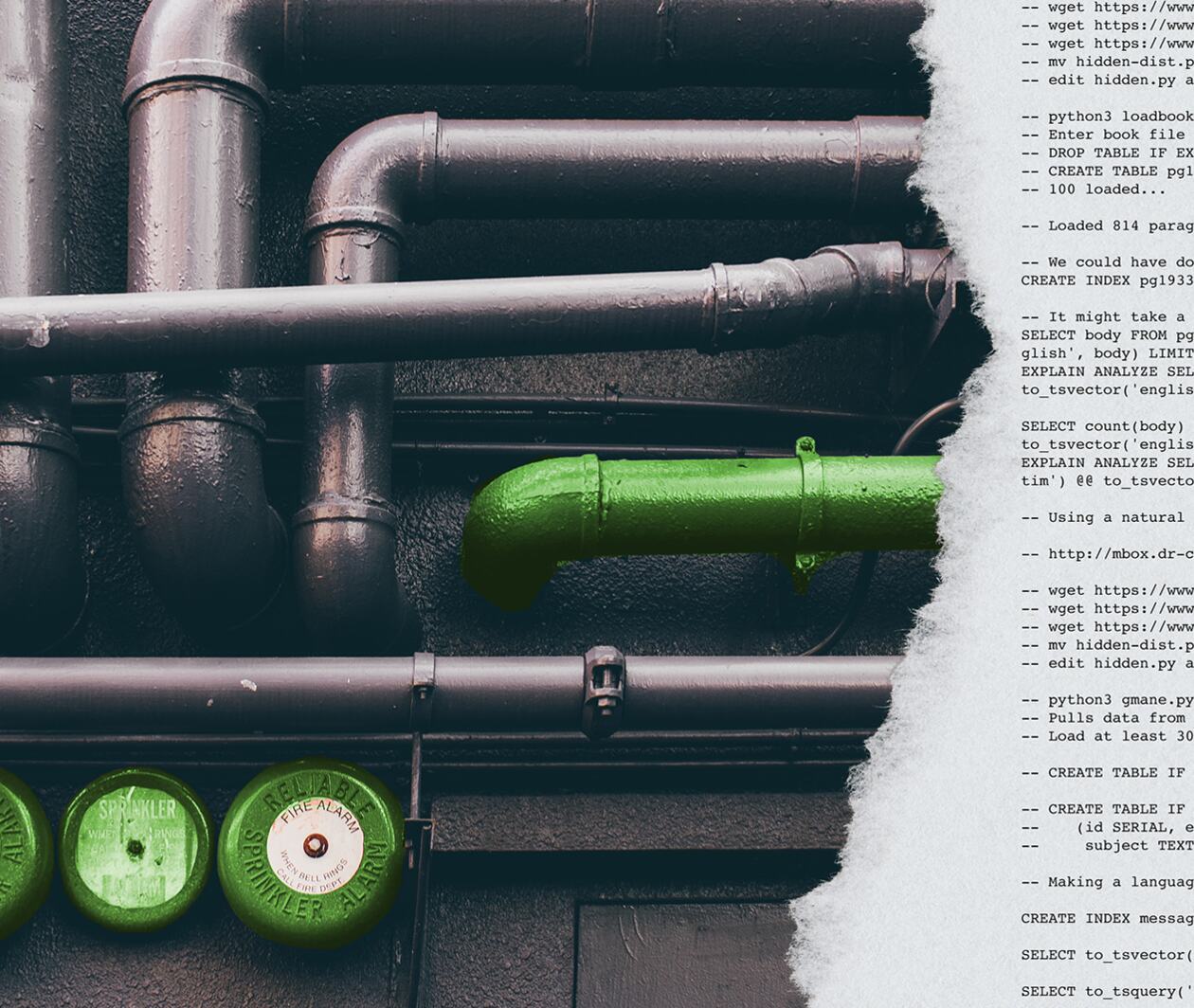 Green and black coloured pipes across a wall. On the right side of the image is an excerpt of SQL typed on white paper. 