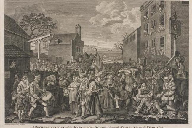 Engraving showing chaotic scene as the British Army assembles to march north to Scotland
