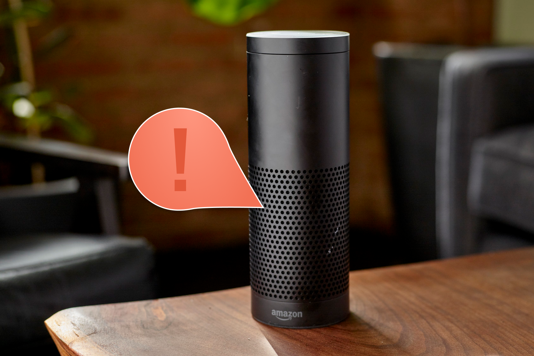 An image of an Amazon Alexa with an illustration laid over the top of the device, which depicts a speech bubble with an exclamation point in it.