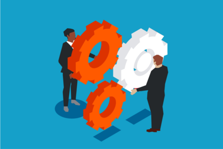 Two figures facing a series of gears optimising how they turn.