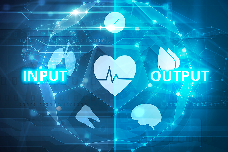 Futuristic healthcare interface with the text: input, output