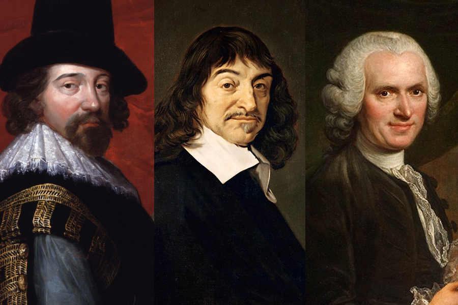 Portraits : Les Philosophes Francis Bacon, René Descartes, et Jean-Jacques Rousseau.