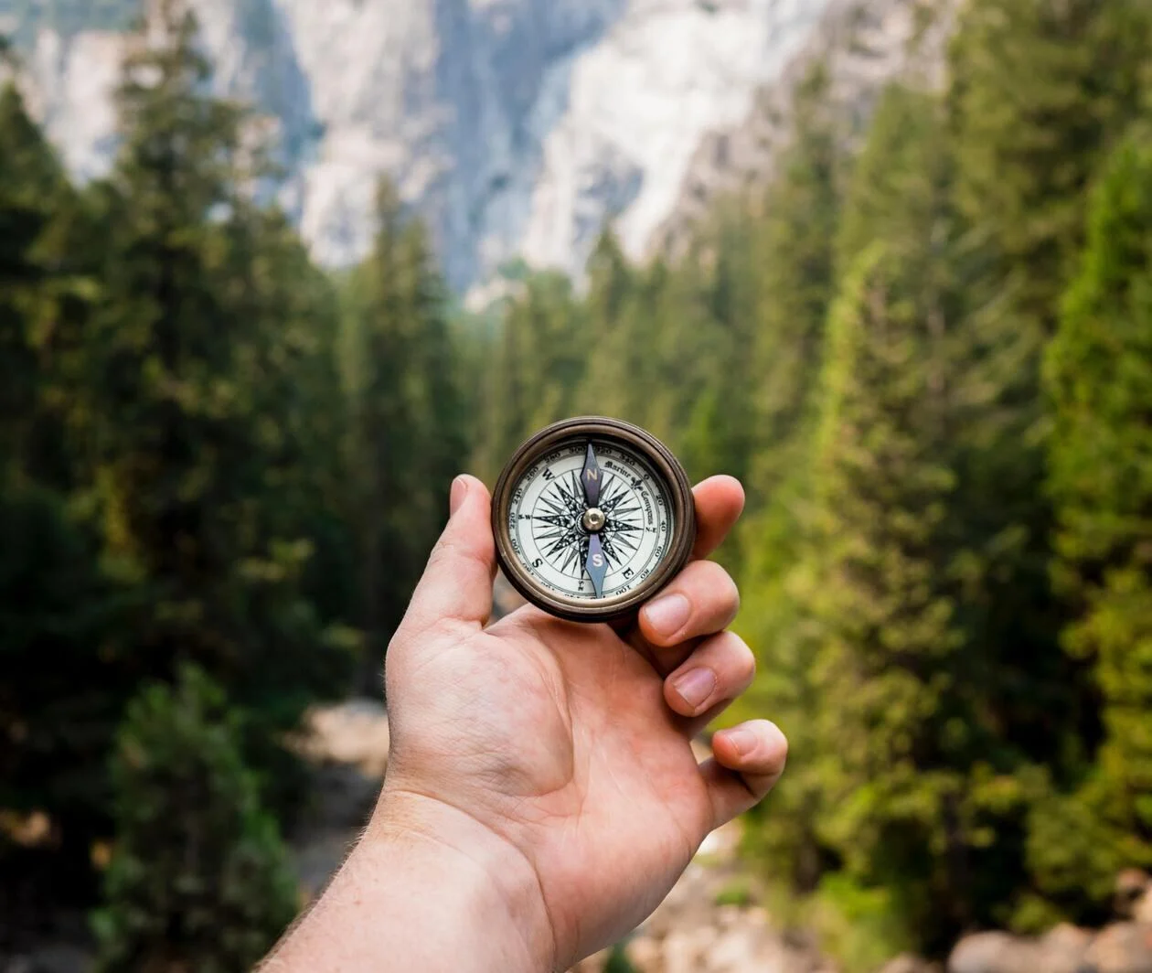 A compass held up in front of an open road into the wilderness.