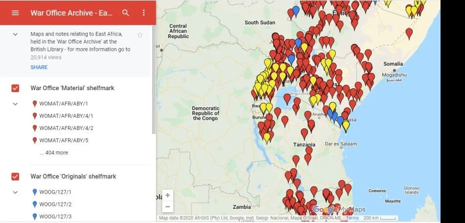 Digitised maps of East Africa, held in the 'War Office' archive at the British Library, presented as points on a modern map, making them discoverable by place.