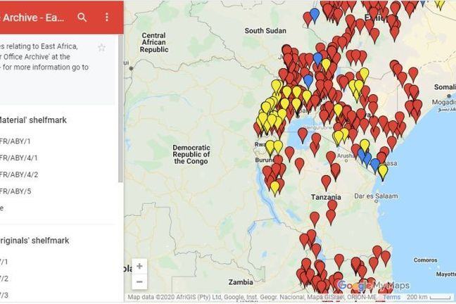 Digitised maps of East Africa, held in the 'War Office' archive at the British Library, presented as points on a modern map, making them discoverable by place.