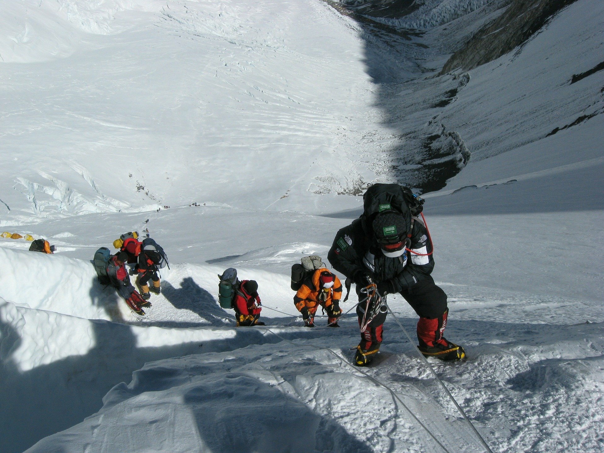 Climbers on an ice face on Mount Everest