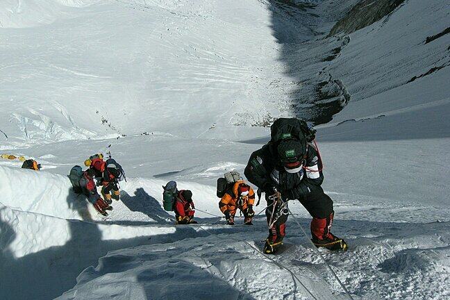 Climbers on an ice face on Mount Everest